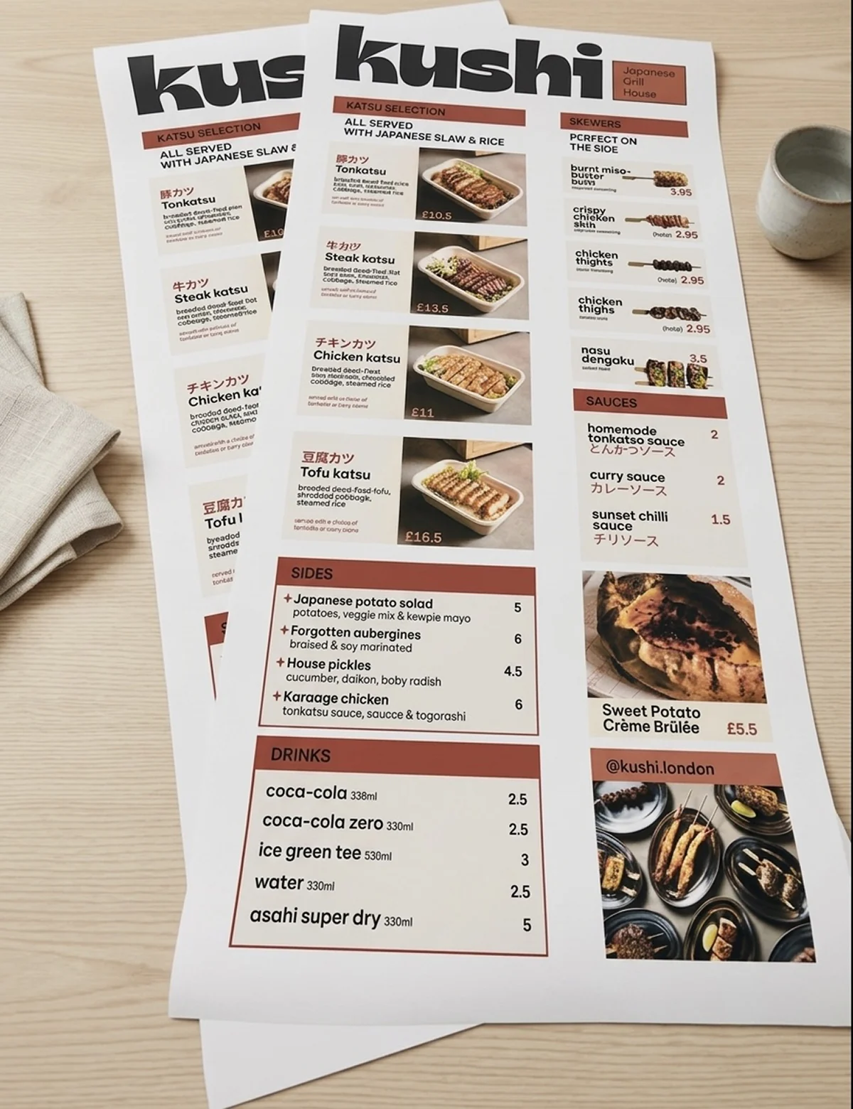 Two tall menu posters for a Japanese grill house, printed at 520 by 1080 mm and laid out after trimming