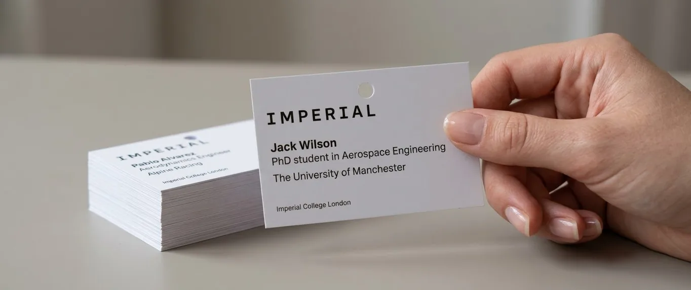 Landscape Imperial College London conference name badge held above a stack of printed badges, each with a punched hole for a lanyard