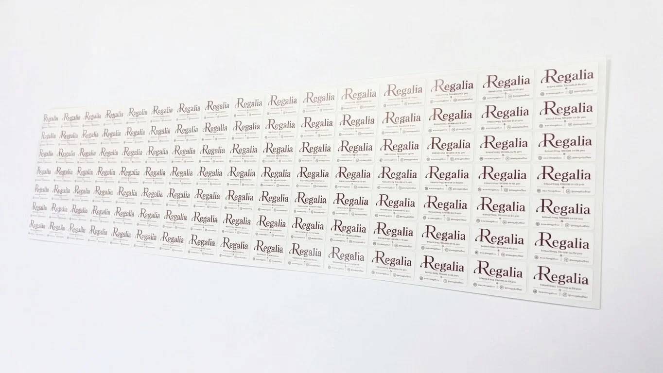 Sheet of kiss-cut vinyl Regalia logo stickers on the backing sheet, laid out in rows before peeling
