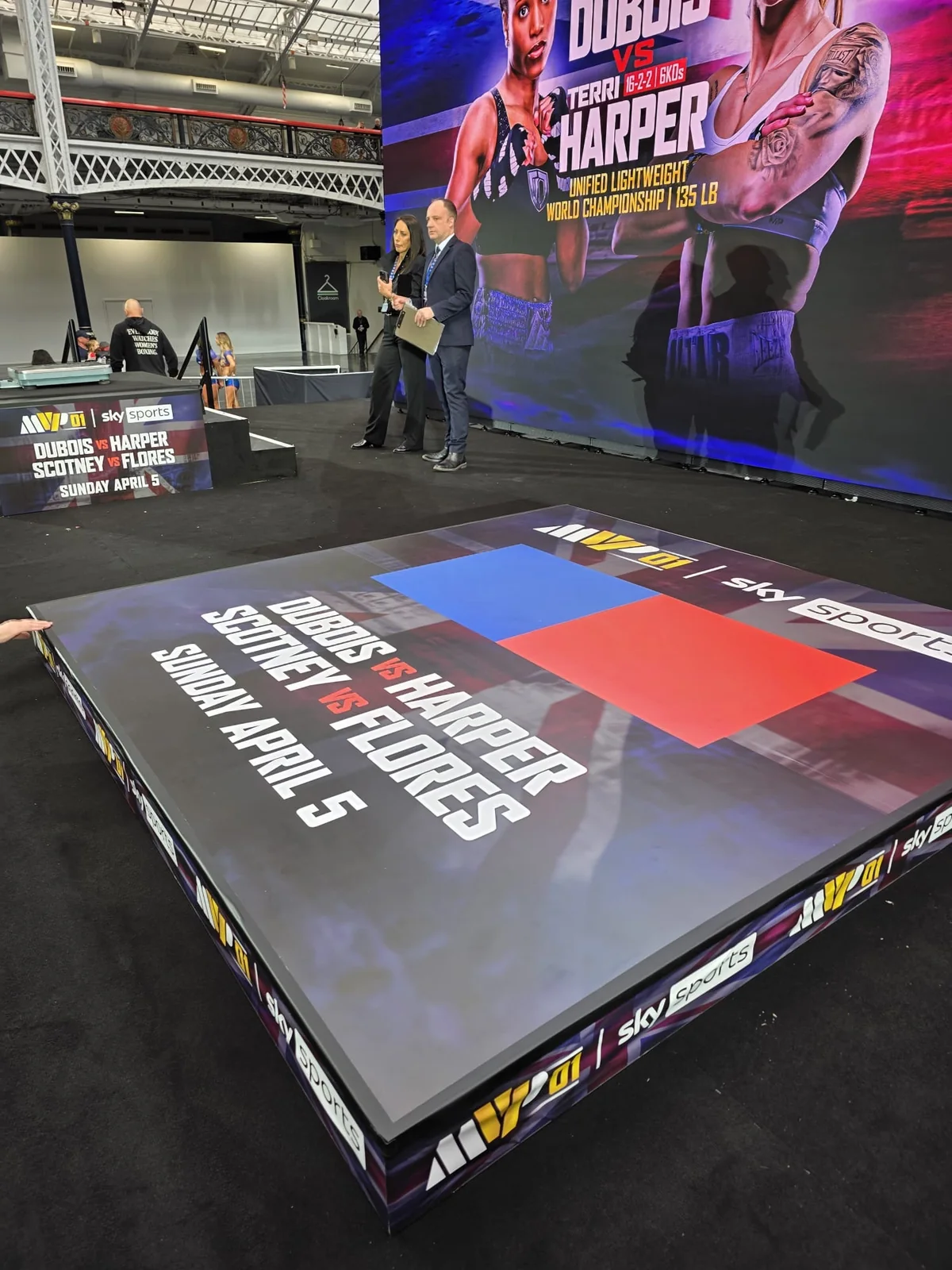 The 8 x 8 ft printed graphic covering the top of the weigh-in platform inside Olympia London