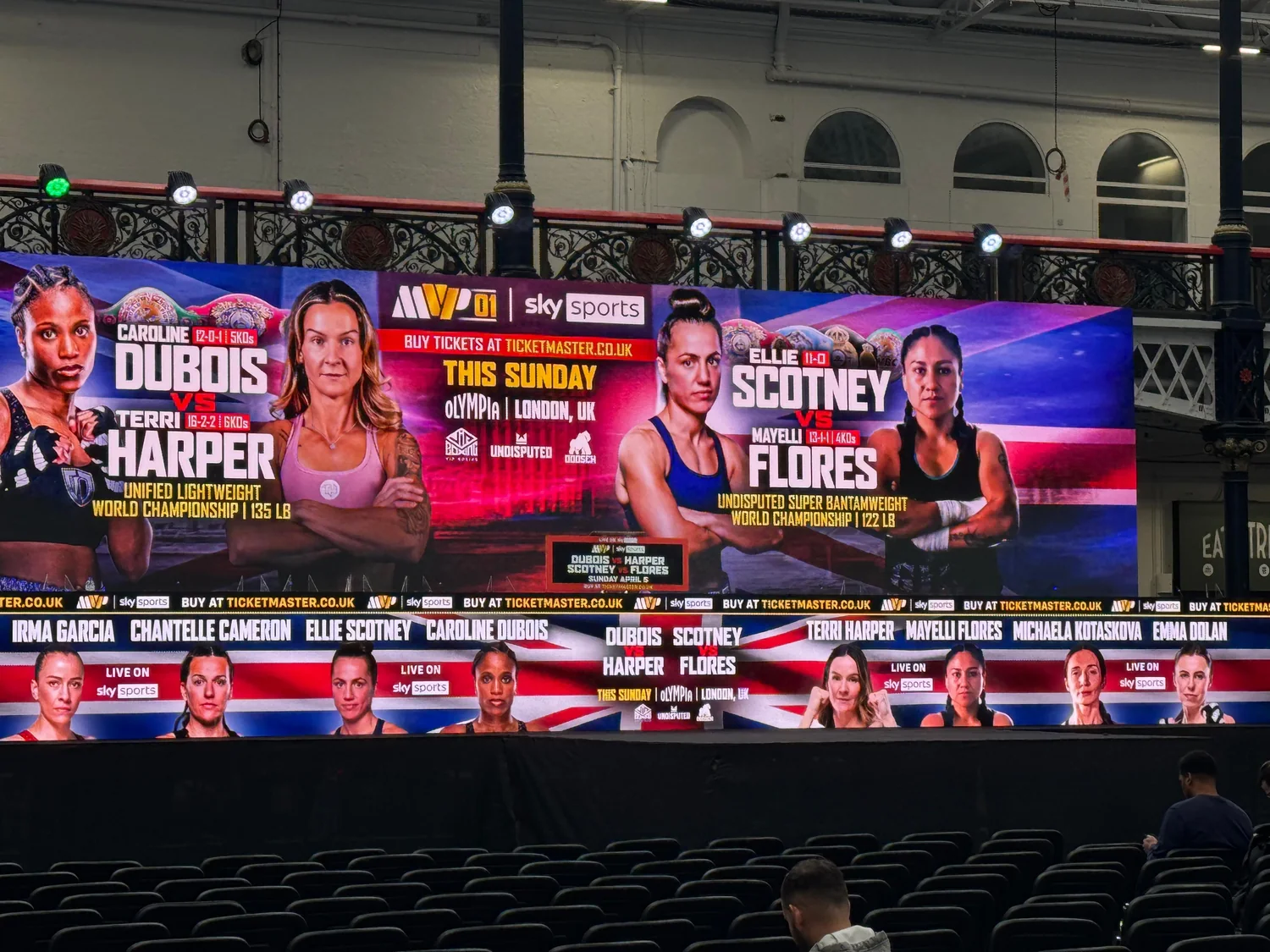 Printed event backdrop and platform graphics on the weigh-in stage at Olympia London for MVP 01 on Sky Sports