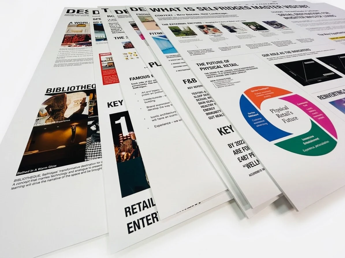 Six A0 presentation boards printed on 3mm foamex, fanned out on a white surface before packing