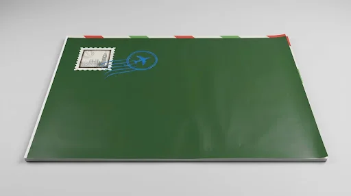 Green envelope design with a red and green airmail border, a stamp and a blue postmark, on a 1200 by 800 mm piece of matt self-adhesive vinyl