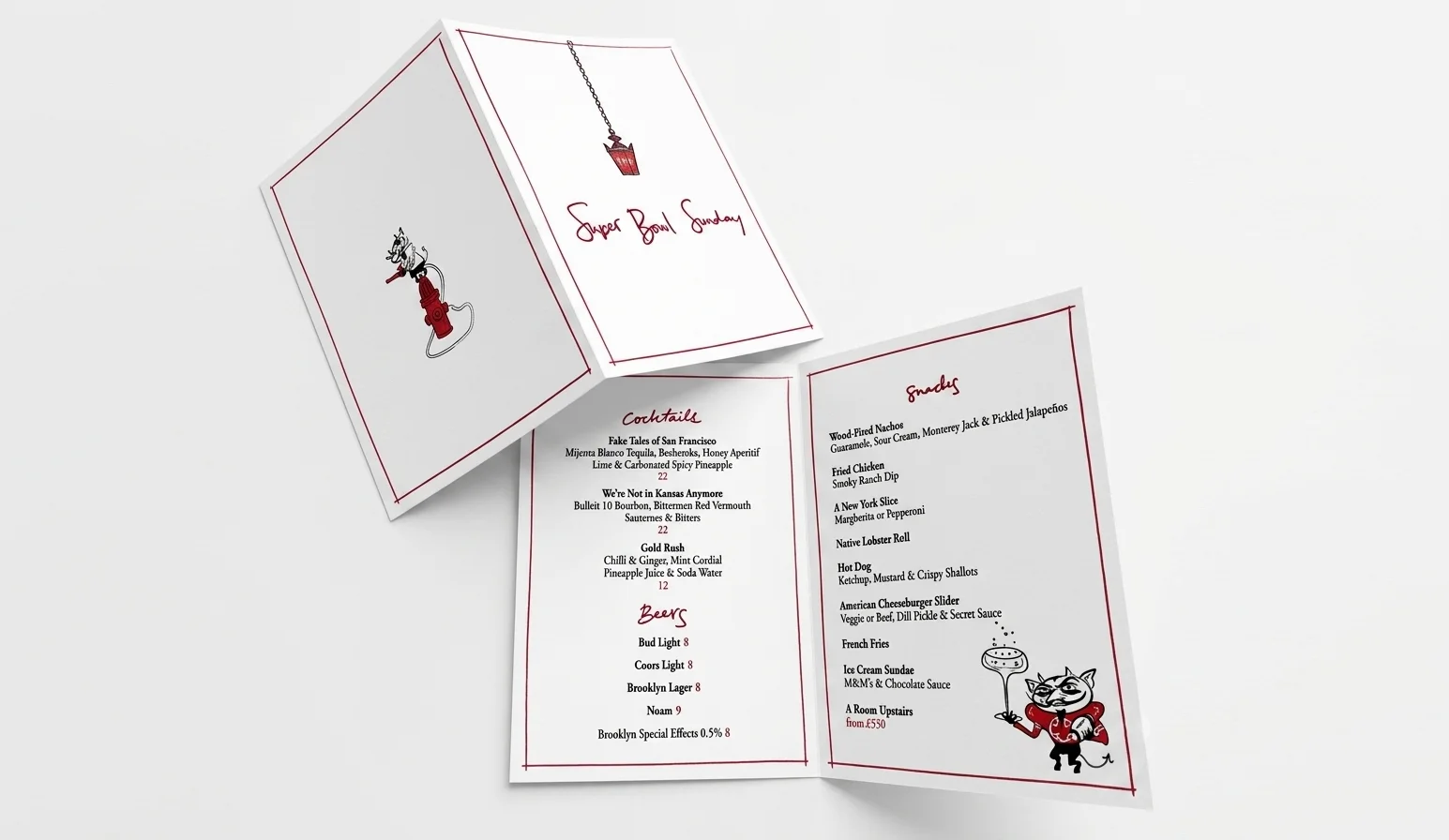 Folded Super Bowl Sunday menus for Chiltern Firehouse, printed in red and black on white card, fanned open