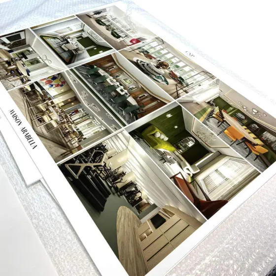 Large photographic architectural print of a building interior, laid flat