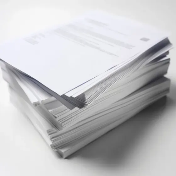 Tall stack of printed white A4 documents on a plain background