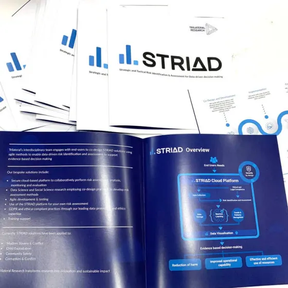Blue Striad tri-fold leaflet opened flat showing charts across the inside panels