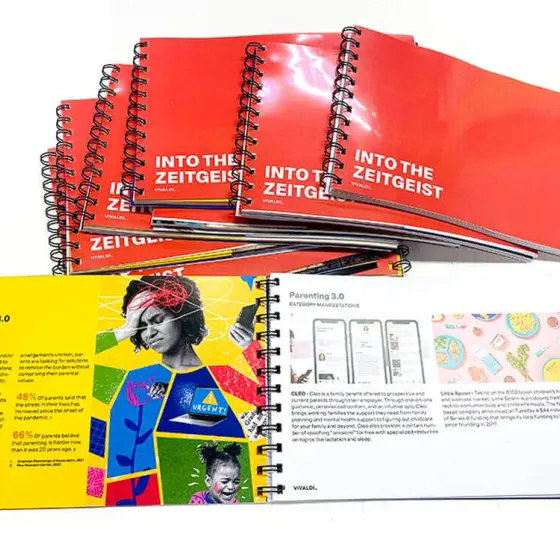 Red wire bound brochures fanned out beside an open yellow illustrated spread