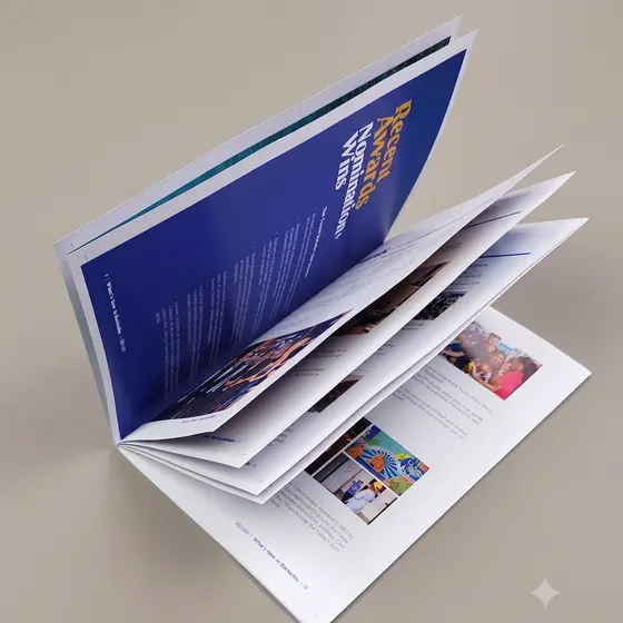 Brochure open at an inner spread.