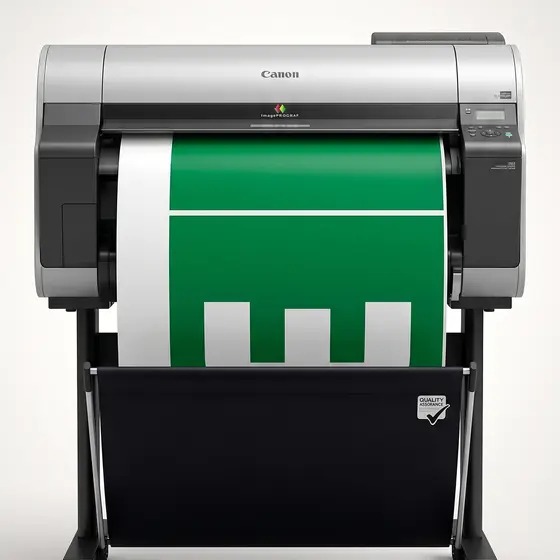 A wide format plotter part-way through a green graphic, the printed section hanging over the front roller
