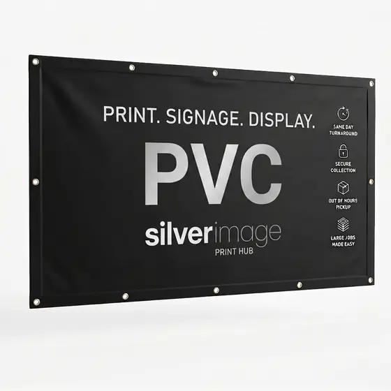 A black PVC banner with metal eyelets along the hem, printed with large white lettering