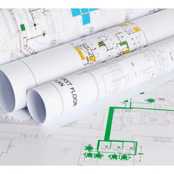 Rolled architectural plans printed on matt stock.