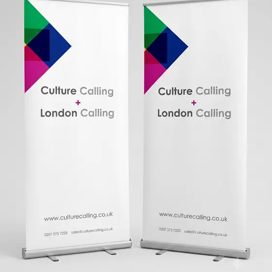 A matched pair of roller banners after assembly.