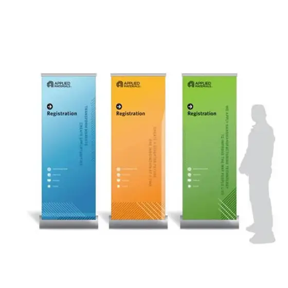 Three roll-up registration banners in blue, orange and green, shown beside a figure for scale