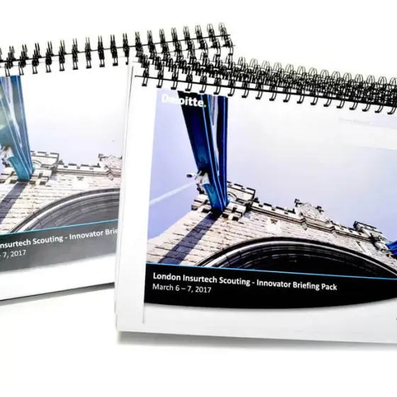 Landscape wire-bound briefing packs printed for a London event.