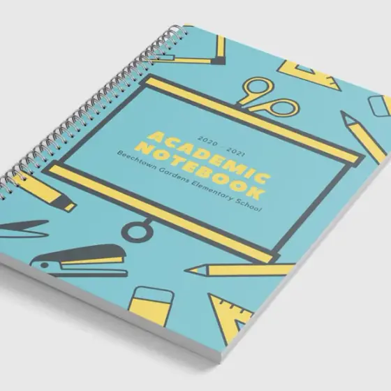 Wire-bound notebook with a printed teal cover.