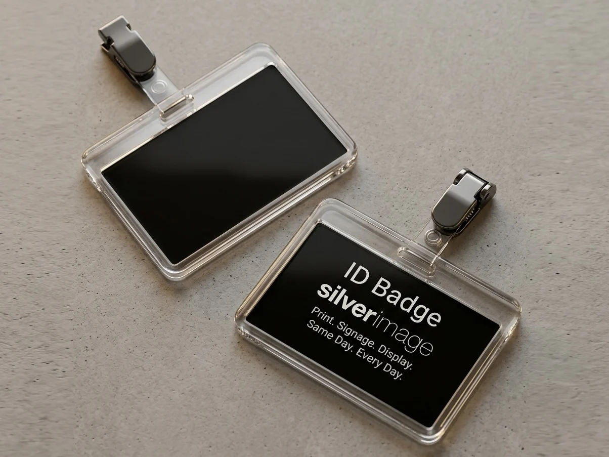 Two horizontal clear badge wallets with metal bulldog clips, the front one holding a printed insert