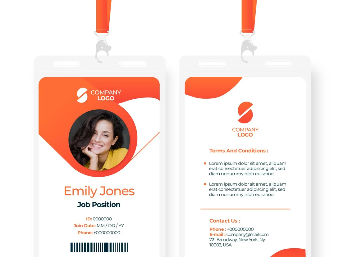Orange corporate ID card printed with a photograph, name and barcode, shown front and back