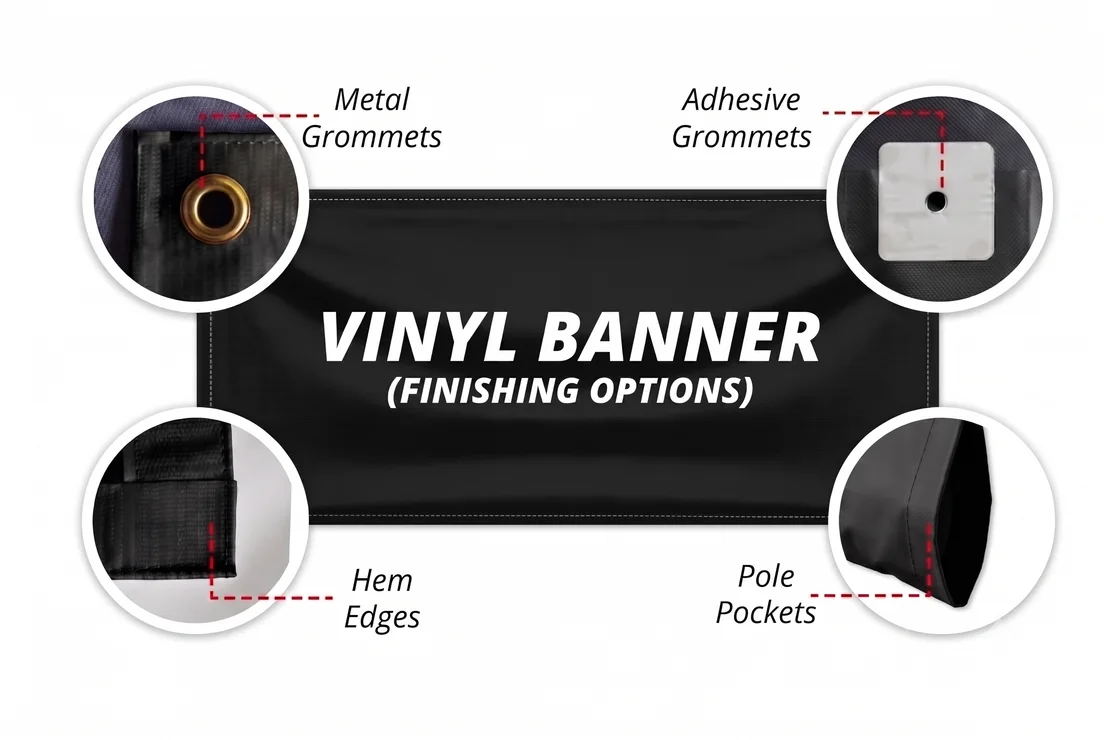 Labelled diagram of PVC banner finishing options: metal grommets, adhesive grommets, hemmed edges and pole pockets, shown as close-ups around a black banner