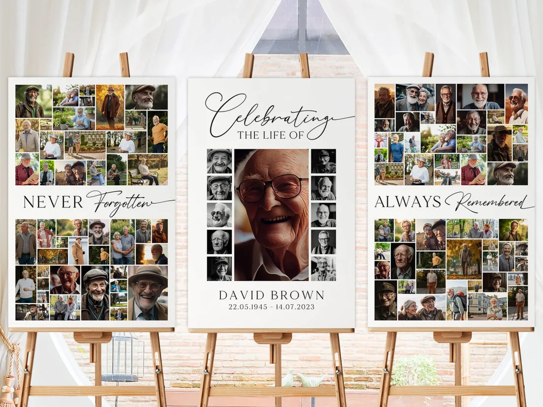 Three photo-collage memorial boards displayed on wooden easels under draped fabric