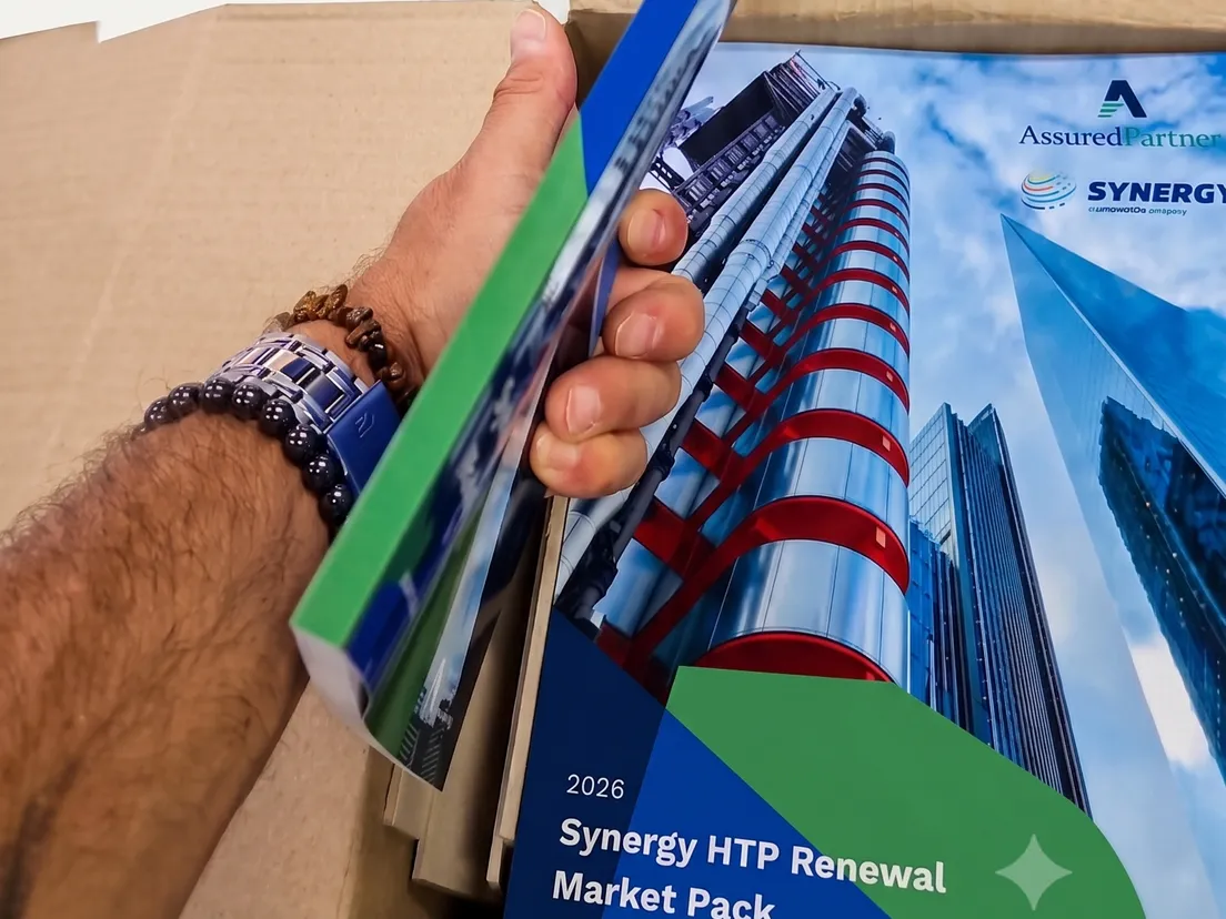 Hand lifting a perfect bound insurance market pack from a courier box full of printed copies
