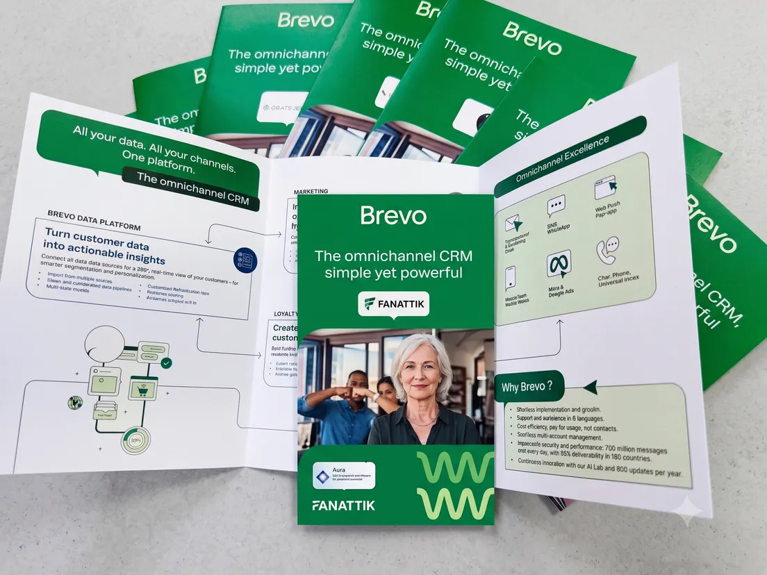 Folded CRM brochures fanned out with one opened to show the inner spread and diagrams