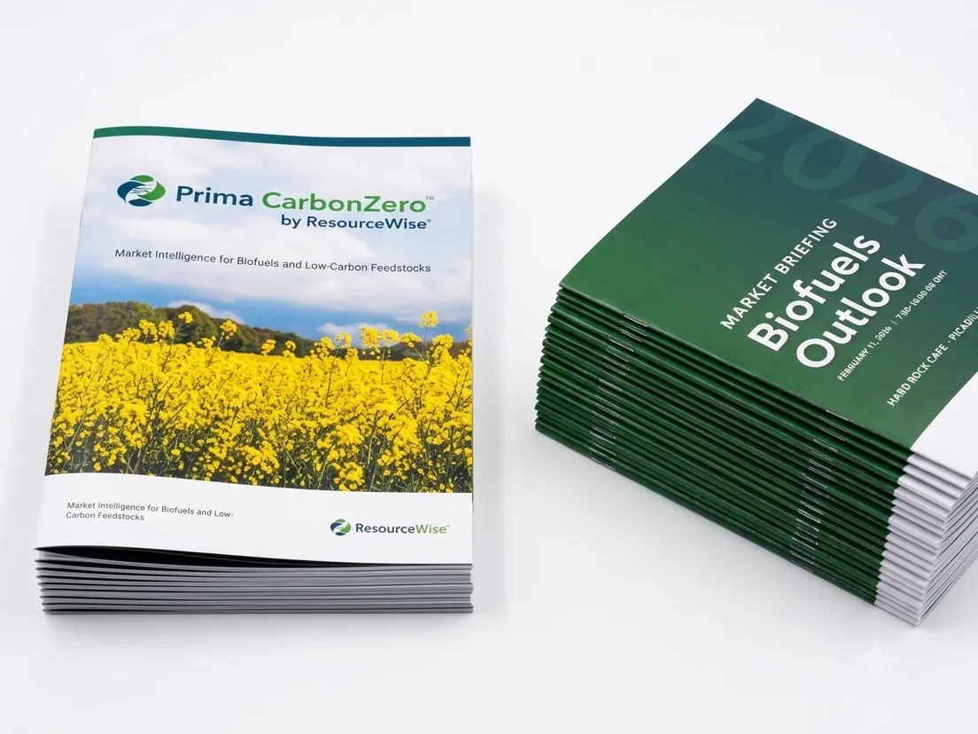 Two stacks of saddle stitched market briefing booklets, one with a yellow rapeseed field cover and one in dark green