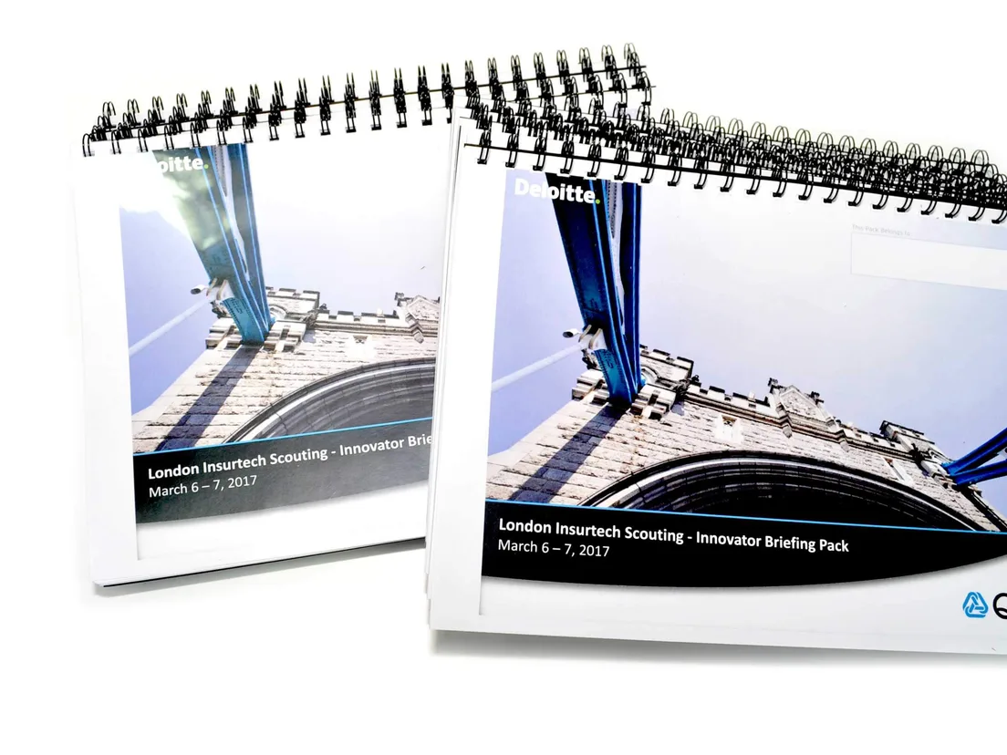 Two wire bound A4 landscape conference briefing packs with Tower Bridge photographed on the covers
