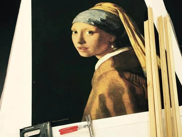 Portrait format canvas print with a deep frame, photographed at an angle