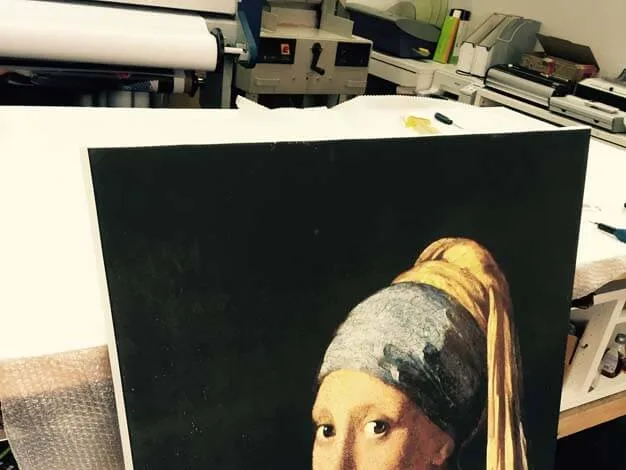 Canvas print in production at the London workshop, waiting to be stretched