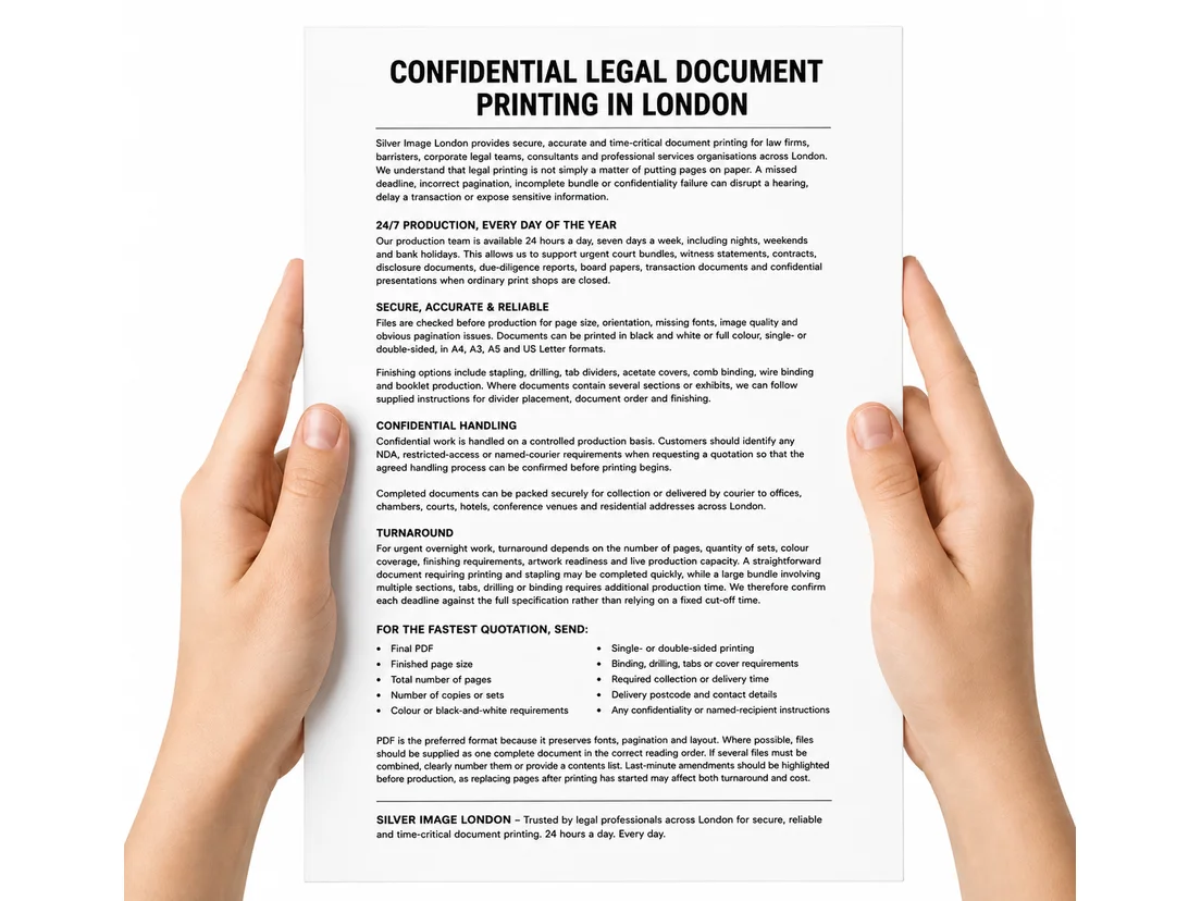 Hands holding an A4 page headed Confidential Legal Document Printing in London, setting out the 24/7 production and confidential handling process