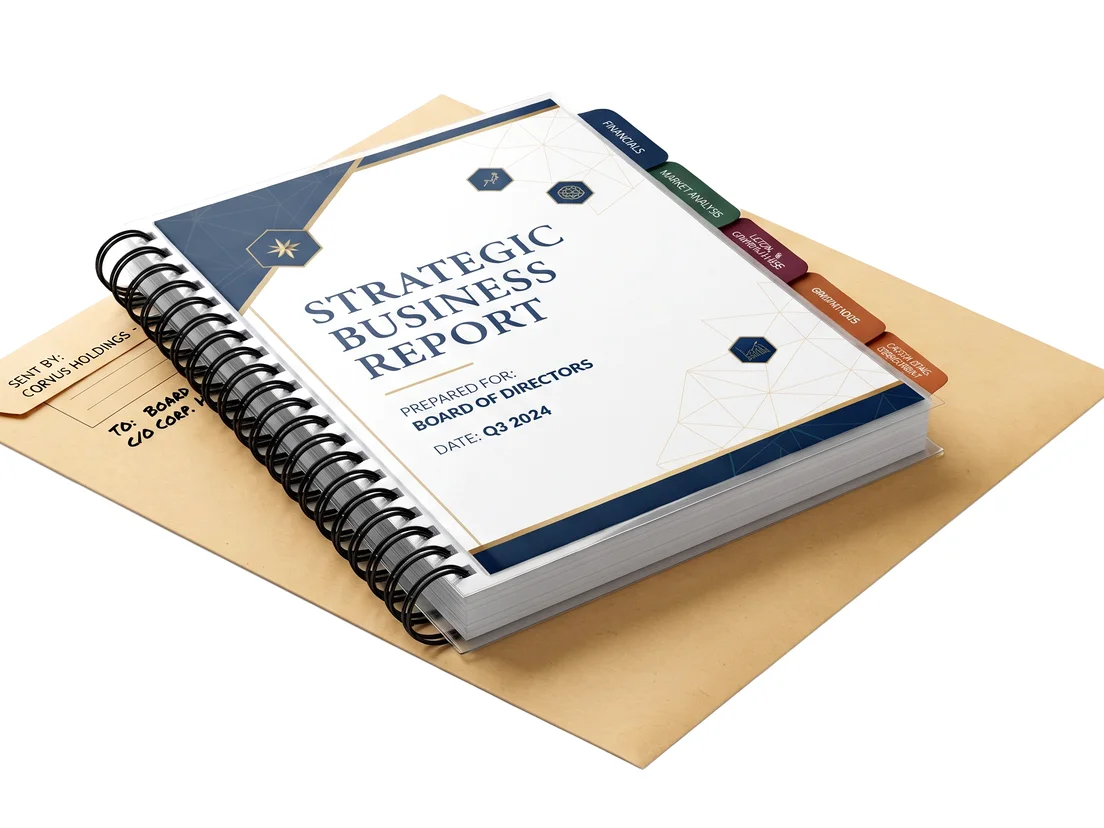 Wire bound strategic business report with coloured index tabs, resting on the envelope it was couriered in