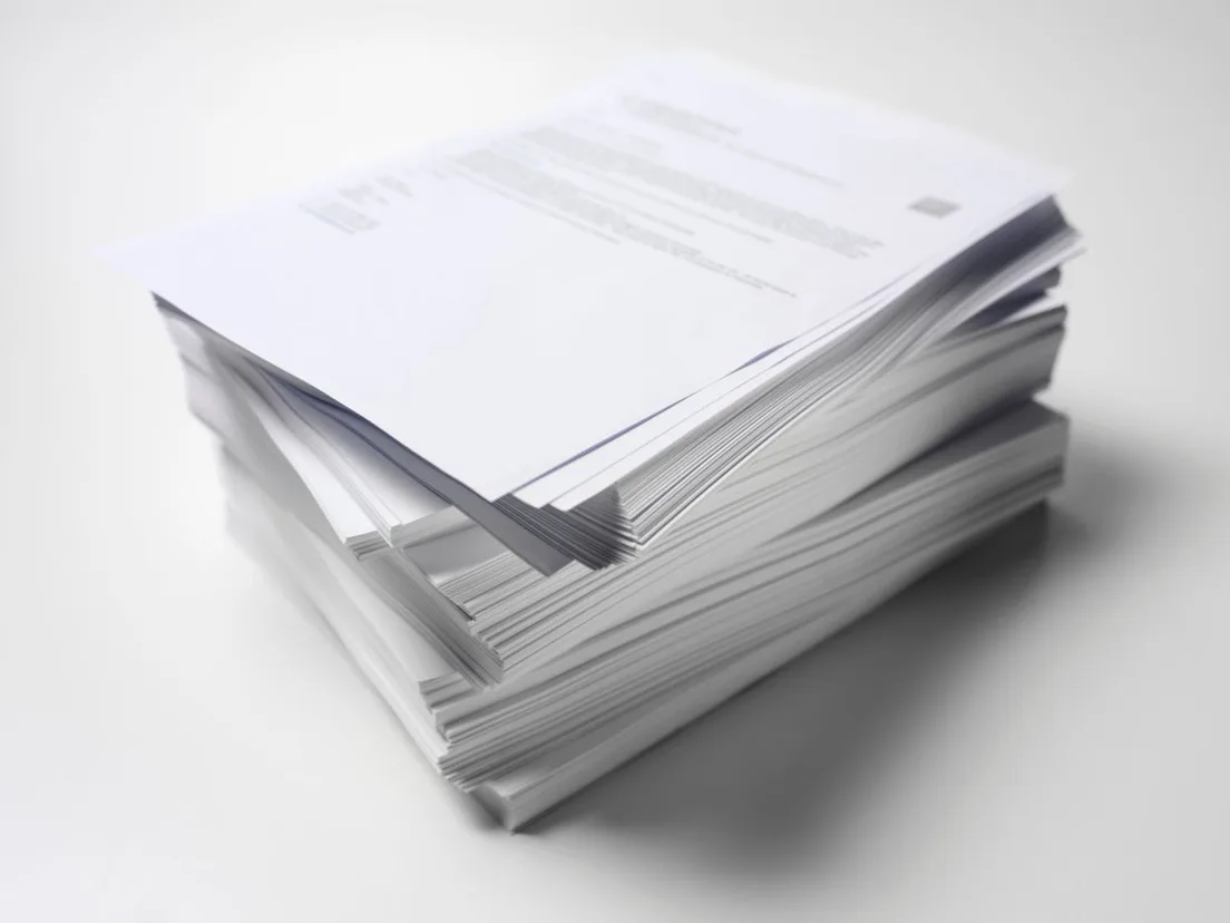 Tall stack of printed white A4 sheets on a plain background