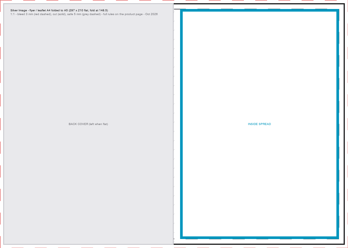 Artwork template for an A4 leaflet folded once to A5, with the crease and covers marked