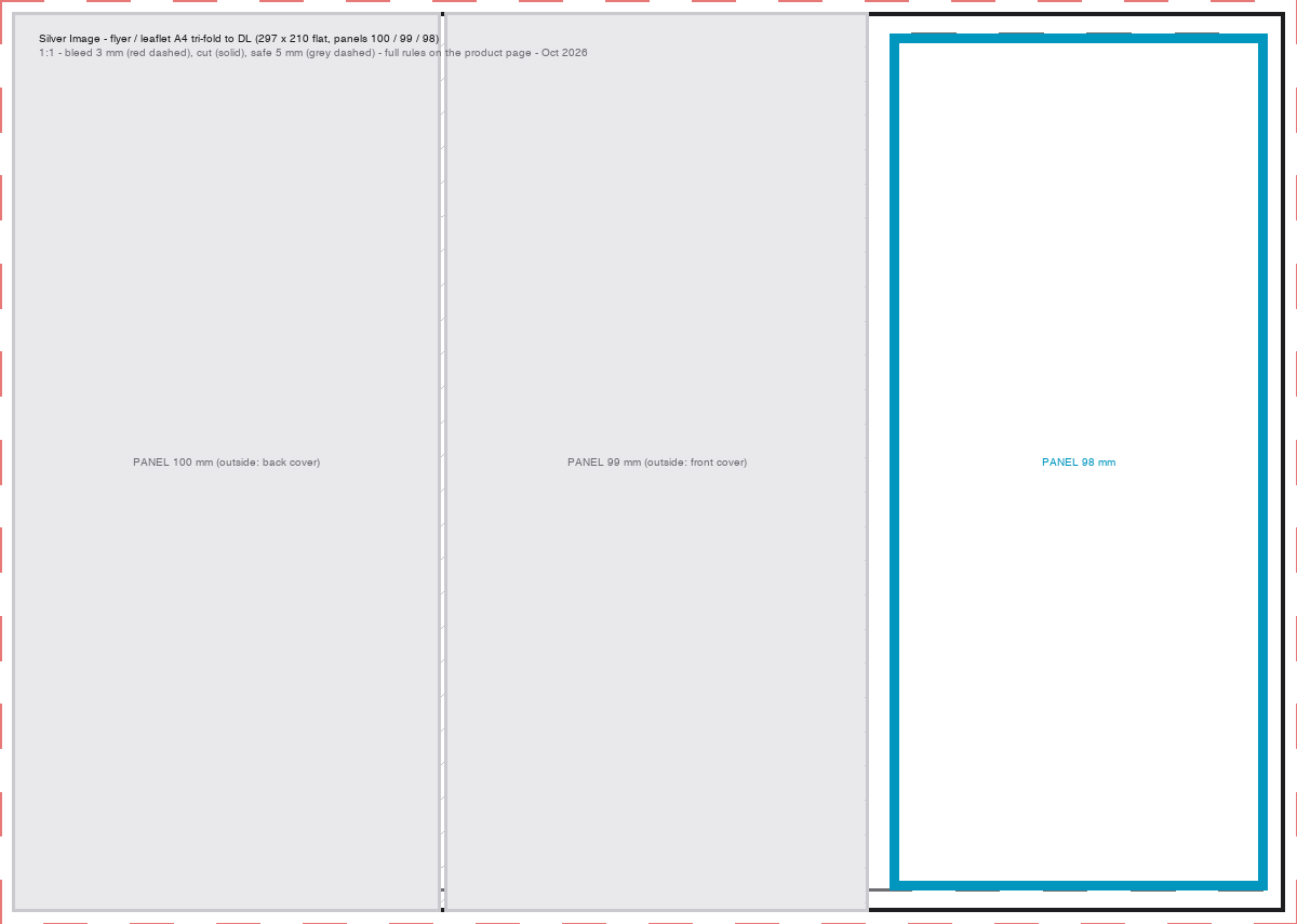 Artwork template for an A4 roll-fold leaflet to DL, with the two creases and the three panel widths marked