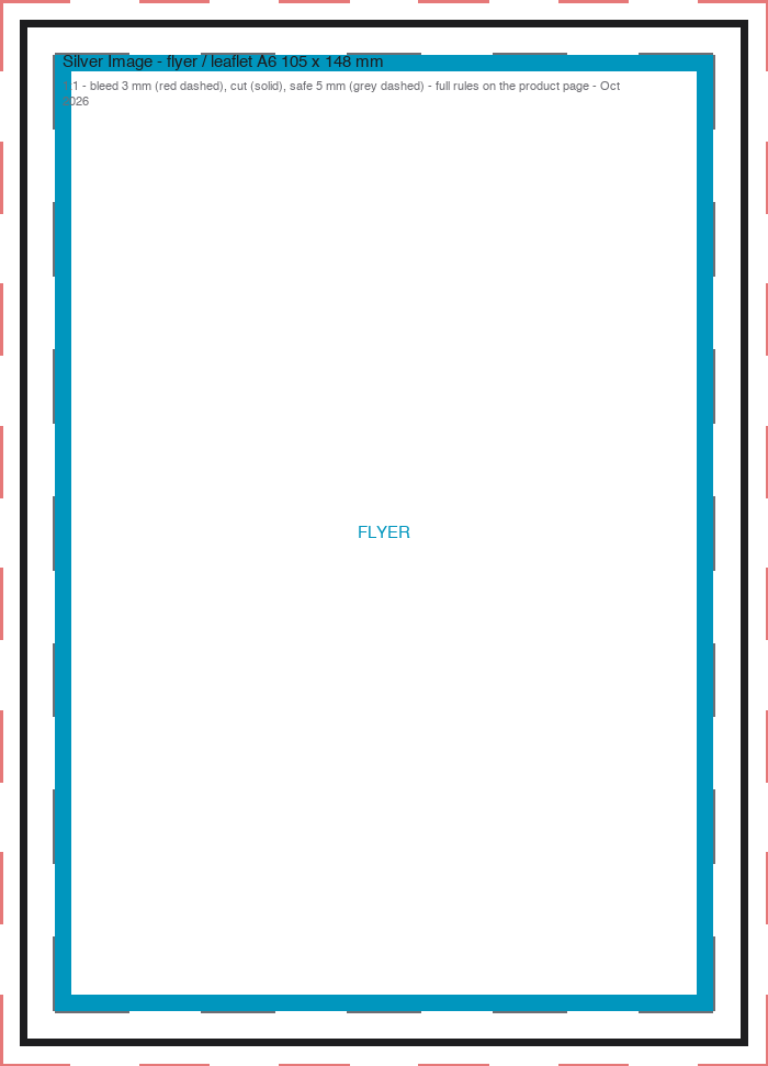 Artwork template for an A6 flyer: bleed, cut line and safe zone