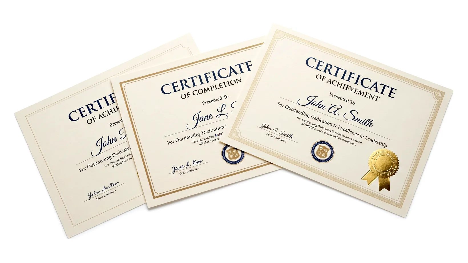 Printed certificates of achievement fanned out, with foil-effect seals