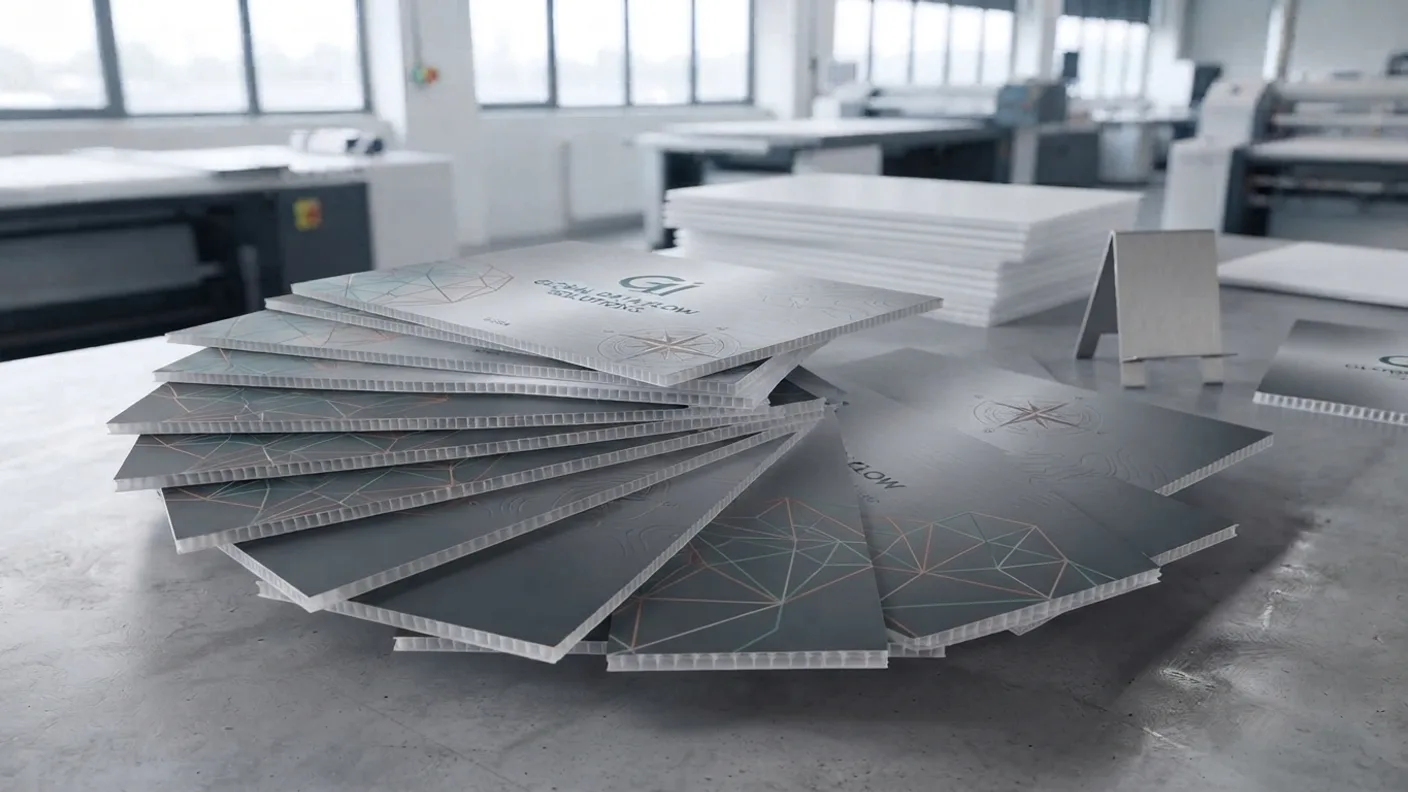 Printed Correx boards fanned across a production floor, fluted edges visible