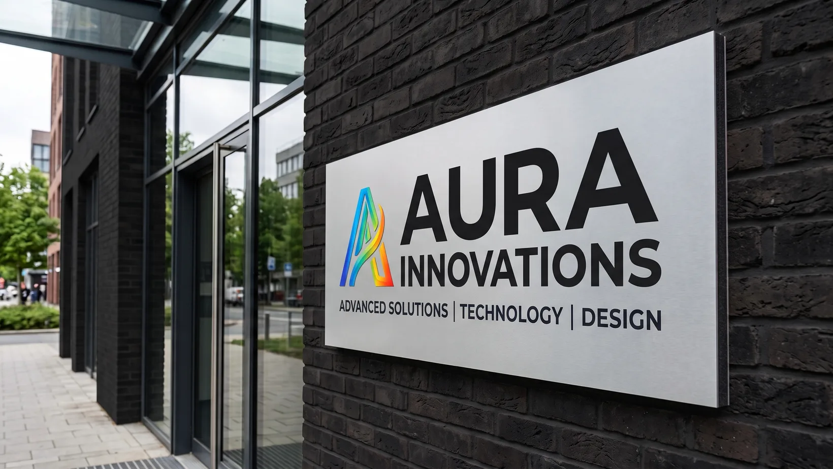 Printed Dibond fascia sign on a brick frontage, seen at an angle so the flat composite panel and its clean edge are visible