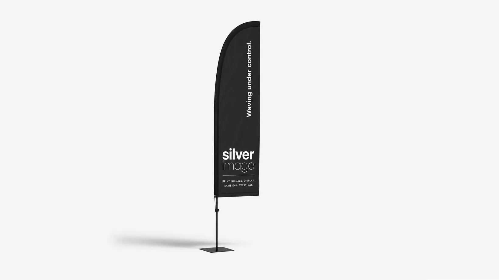 Printed feather flag on a fibreglass mast with a weighted base