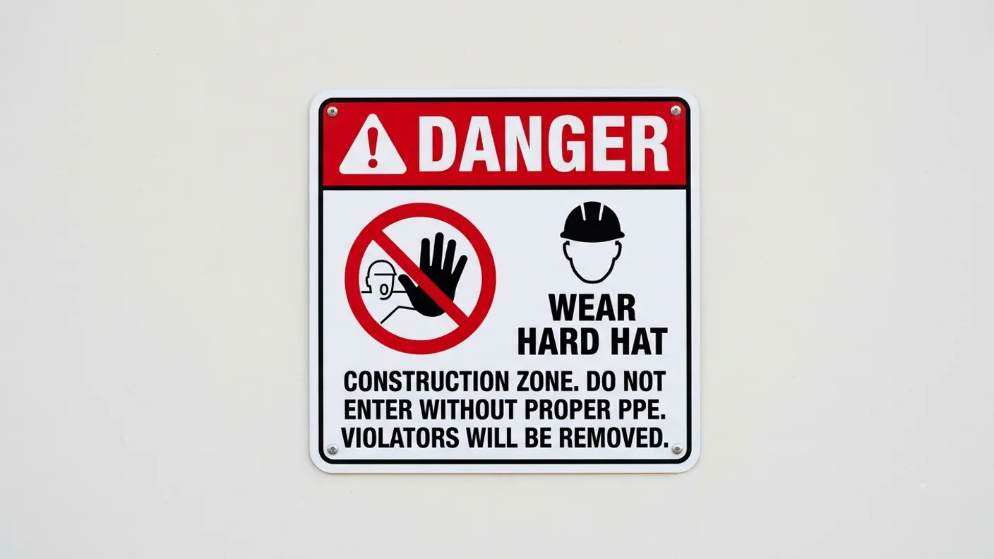 Rigid safety sign reading Danger, Wear Hard Hat, with hazard pictograms