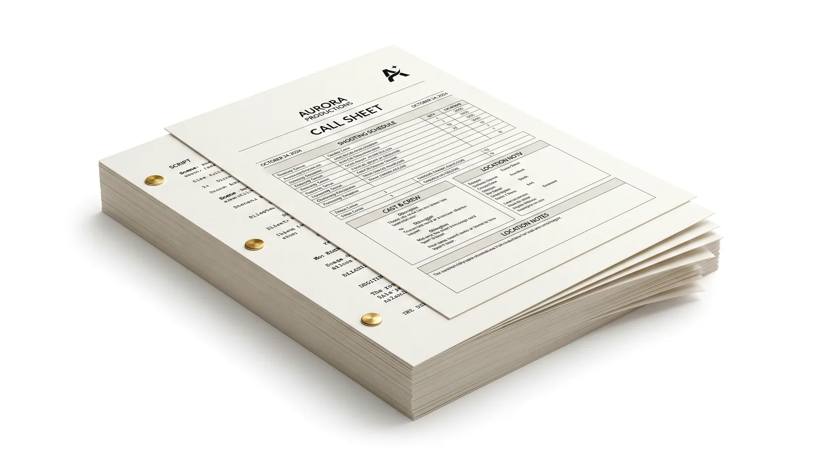 Stack of printed call sheets and script pages secured with brass brads