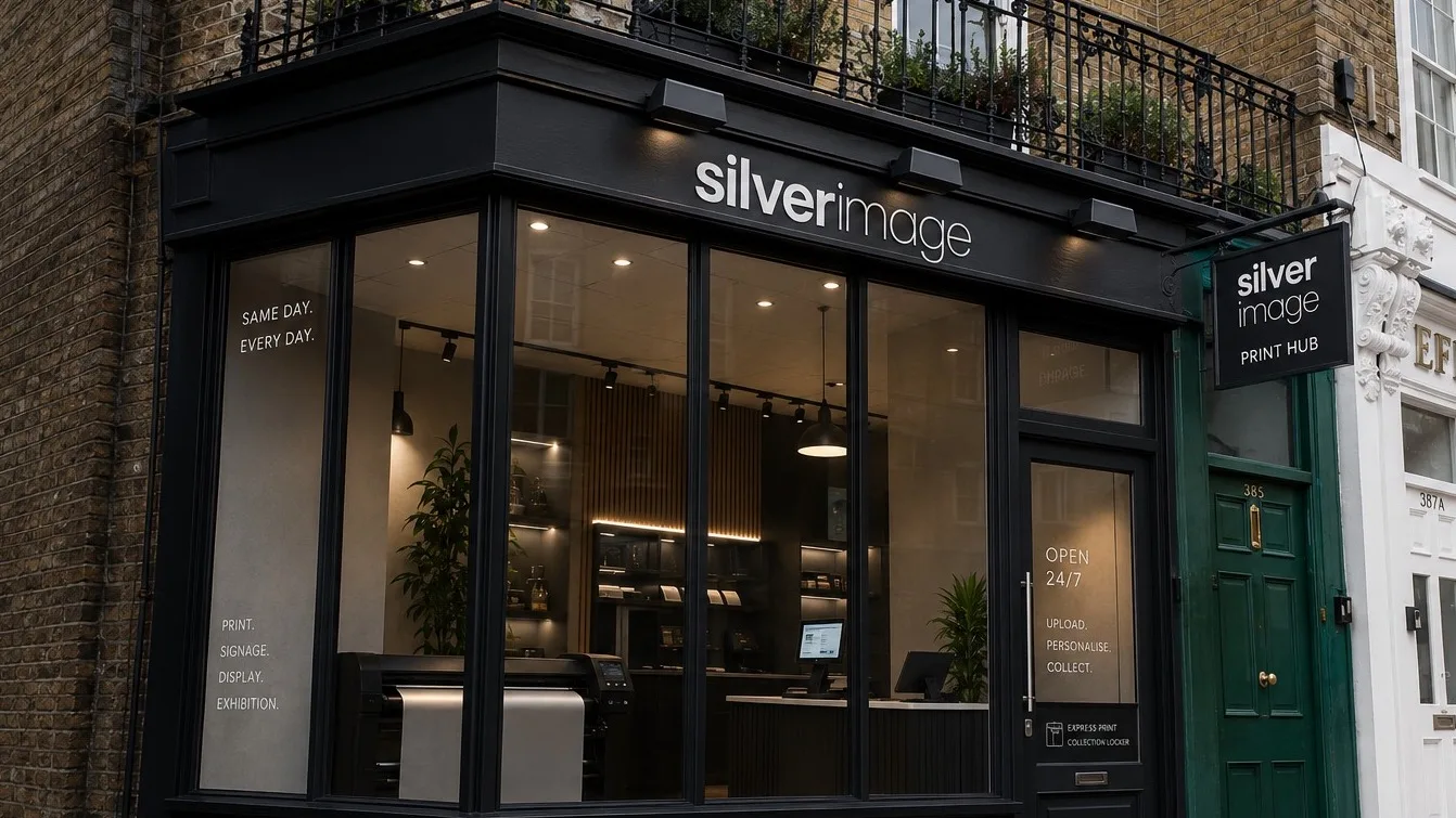 Shop frontage with an illuminated fascia sign and printed window graphics
