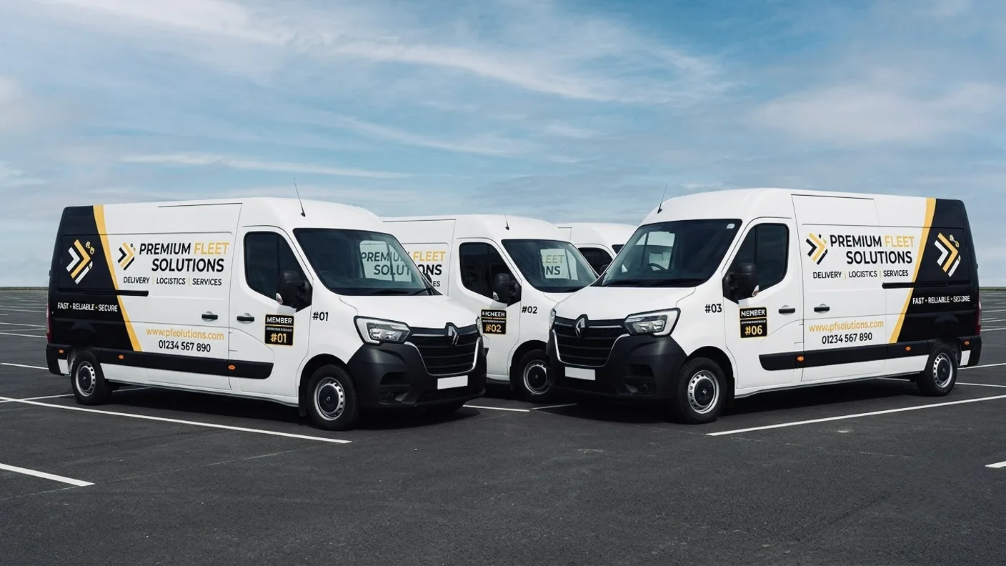 Fleet of white vans with printed vinyl livery applied to the panels