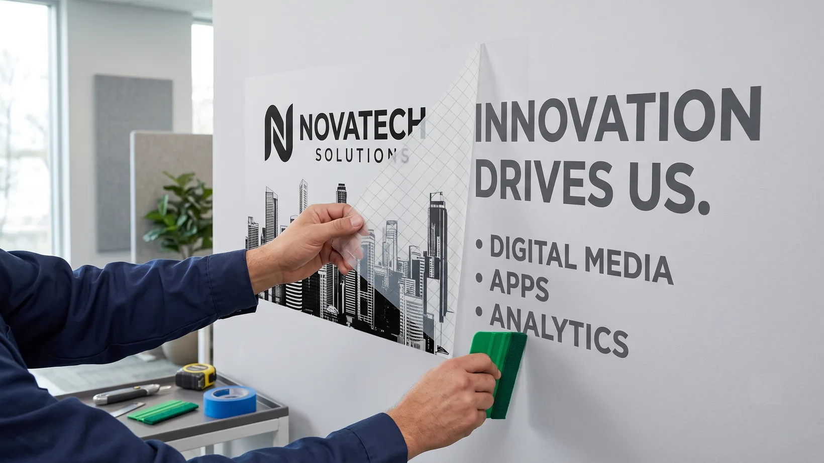 Printed vinyl graphic being squeegeed onto a wall panel by hand