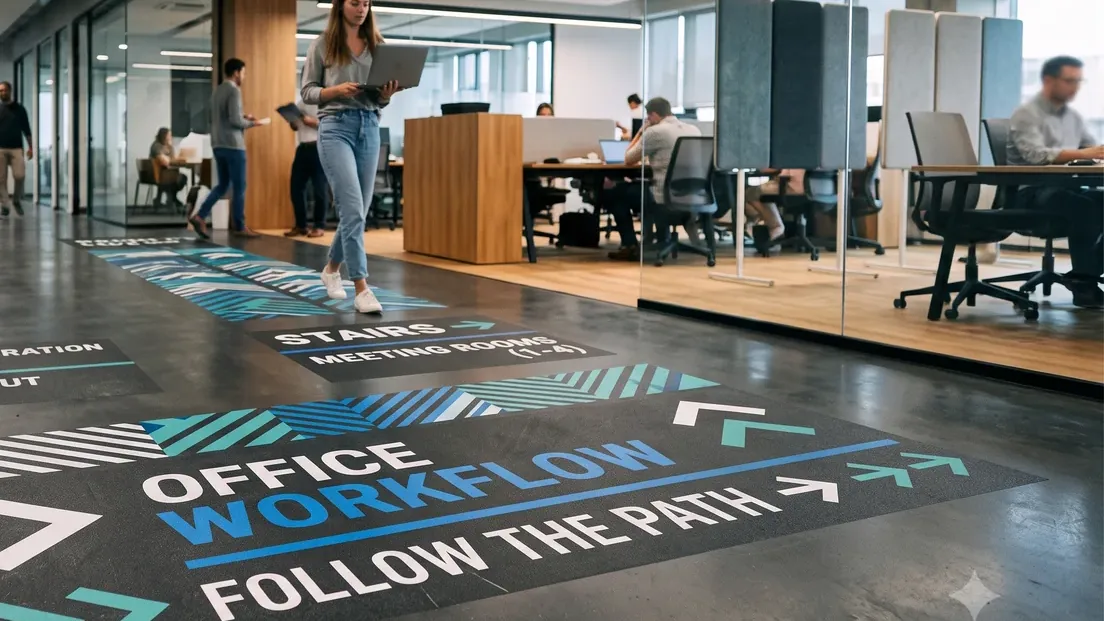 Printed floor graphic with anti-slip laminate applied across a commercial interior floor