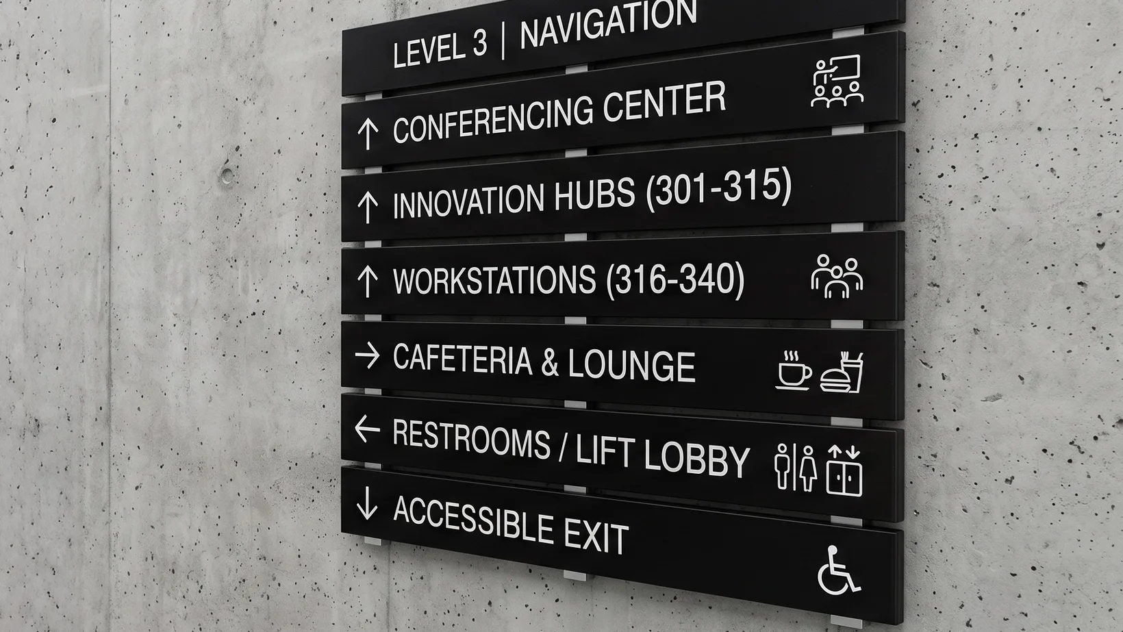 Wall-mounted directional sign with floor numbers, arrows and pictograms