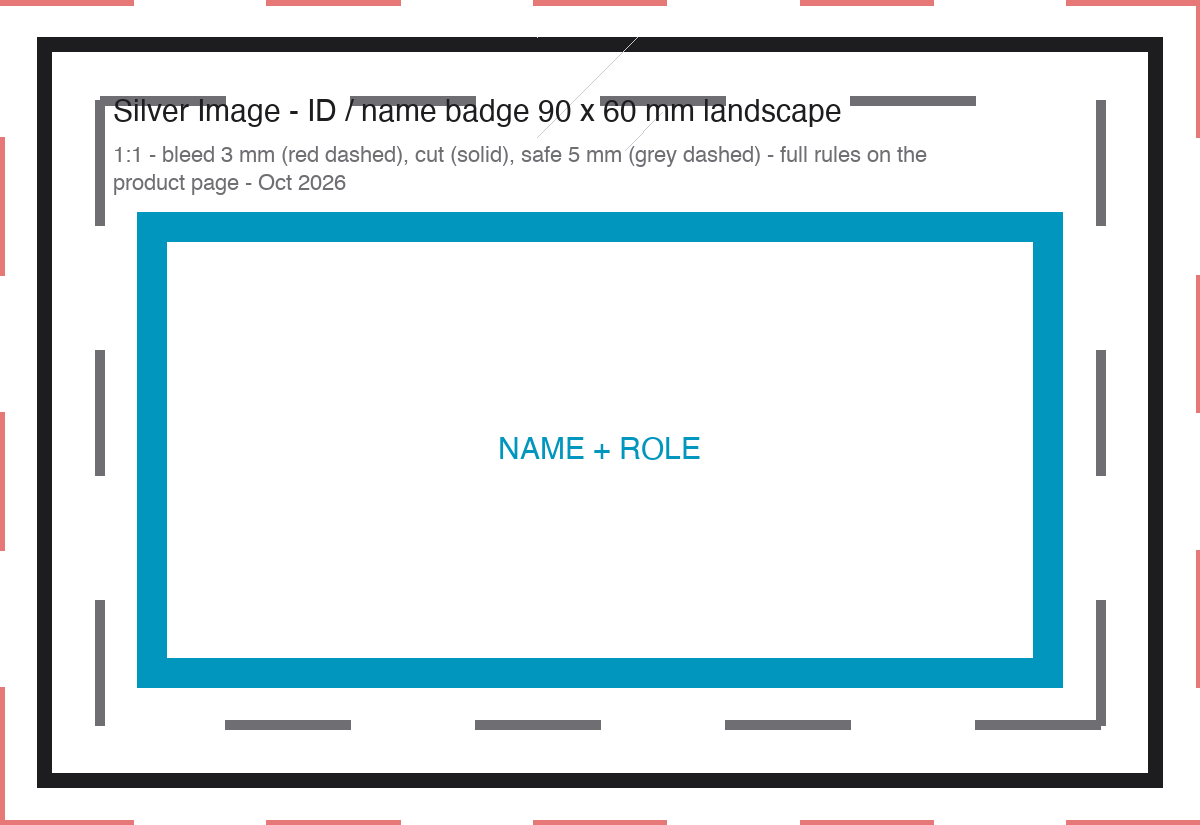 Artwork template for a 90 by 60 mm landscape name badge with the hole zone at the top
