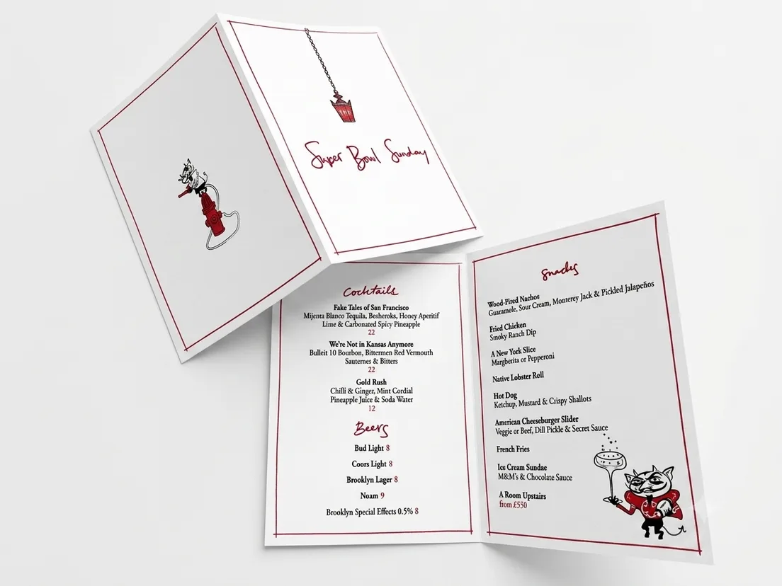 A4 menu folded to A5, opened flat to show cocktails, beers and snacks printed inside
