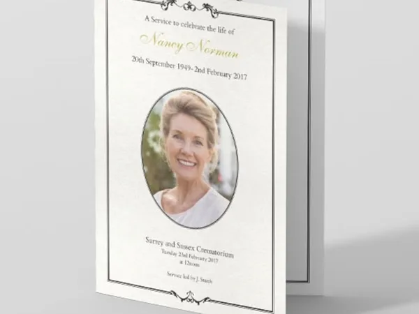 Funeral order of service with a portrait photograph on the cover inside a floral border
